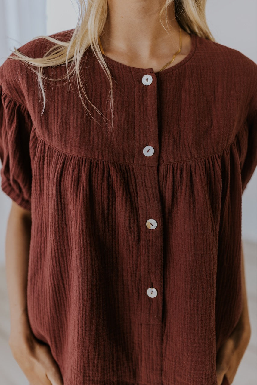 Button Dark Red Top For Woman | ROOLEE