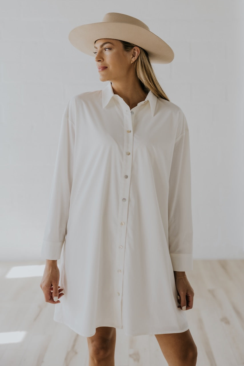 Women's White Button Up Shirt Dress - Holiday Dresses | ROOLEE